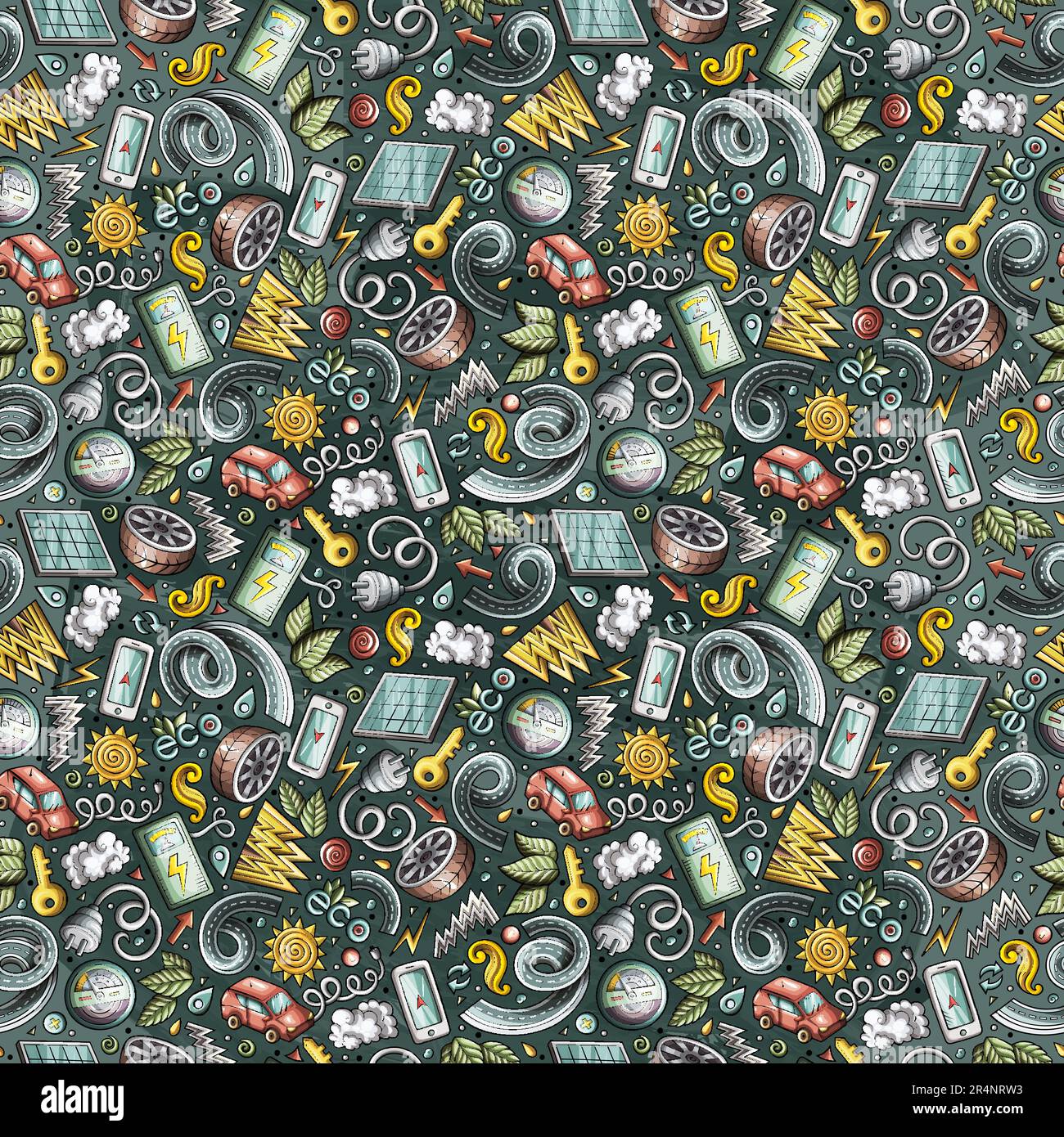 Cartoon niedliche Kritzeleien Elektrofahrzeug Nahtloses Muster. Farbenfrohe Details mit vielen Objekten im Hintergrund. Hintergrund mit umweltfreundlichen Fahrzeugsymbolen und -Gegenständen Stock Vektor