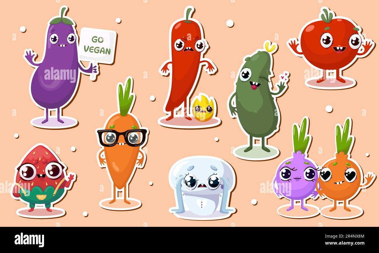 Vektordarstellung von vegetarischen Charakteraufklebern Stock Vektor
