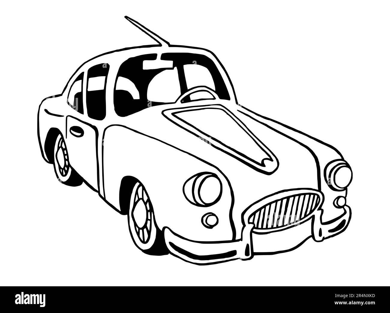 Handgezeichnete Illustration eines Retro-Autos, amerikanisch, volle Größe, isoliert auf weißem Hintergrund, mit schwarzer Strichzeichnung Stockfoto