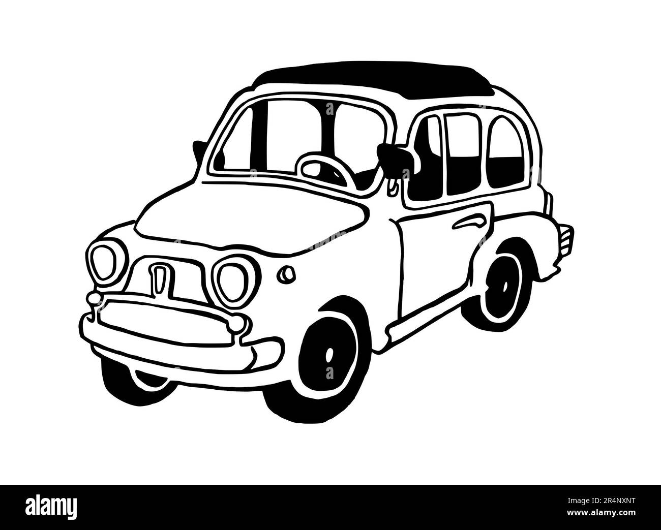 Handgezeichnete Illustration eines Retro-Autos, italienisch, volle Größe, isoliert auf weißem Hintergrund, mit schwarzer Strichzeichnung Stockfoto