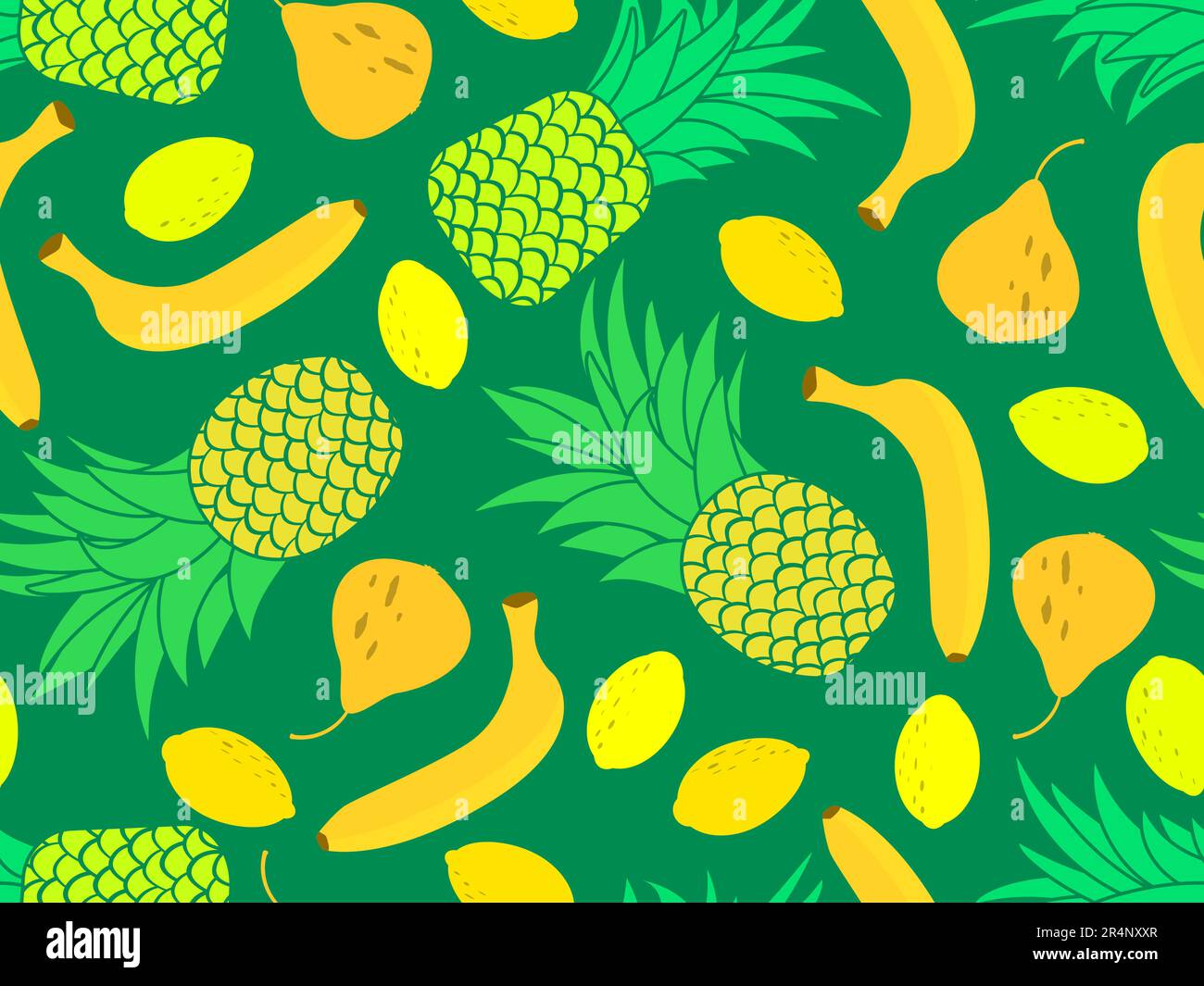 Nahtloses Muster mit Ananas, Bananen und Zitronen. Tropischer Sommerhintergrund im minimalistischen Stil mit Fruchtmischung. Design für Verpackungen, Ausdrucke auf Papier Stock Vektor