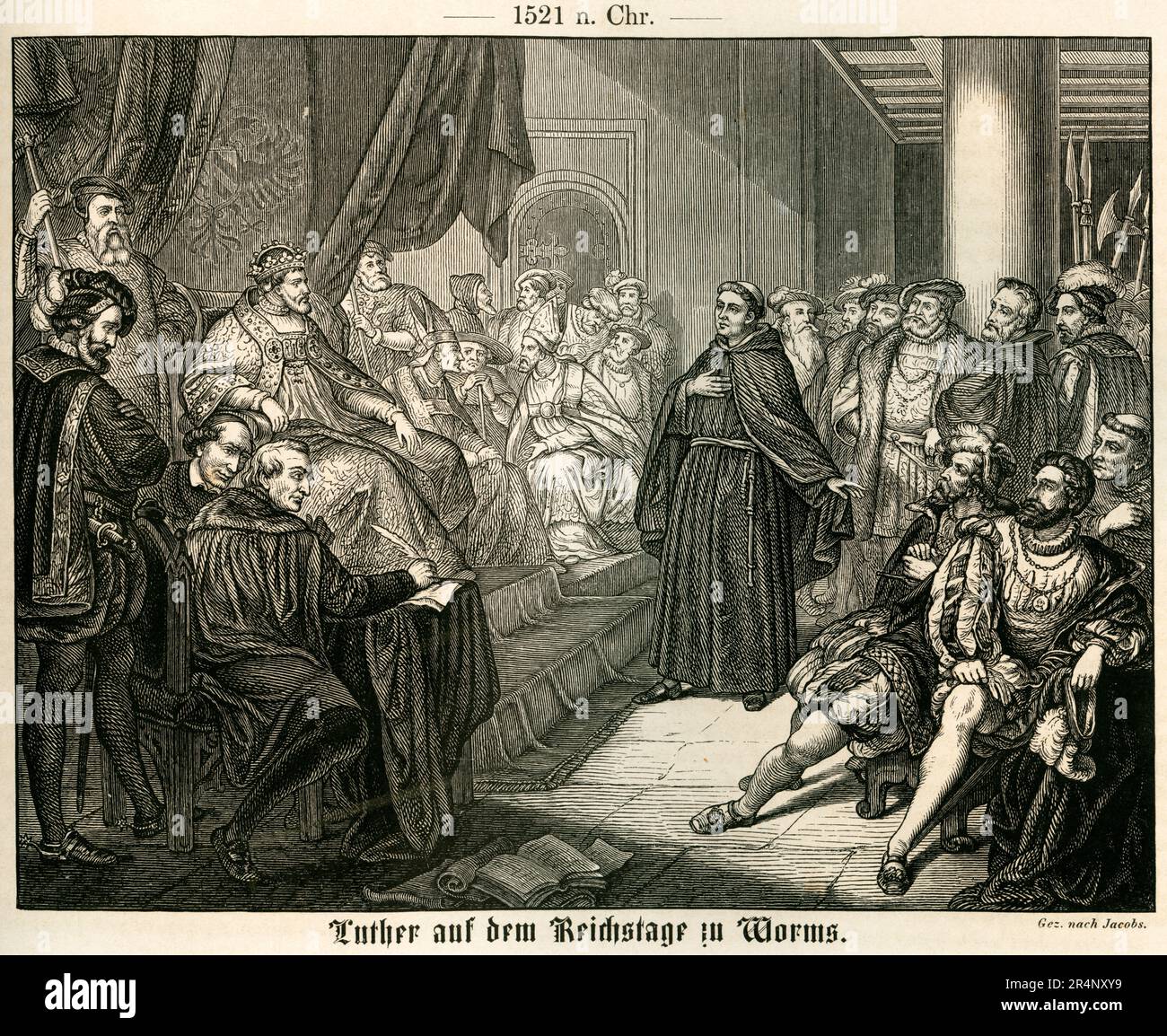 Europa, Deutschland, Rheinland-Pfalz, Luther auf dem Reichstag zu Worms, Illustration ( gez. Nach Jacobs ) aus : " die deutsche Geschichte in Bildern " , nach Originalzeichnungen deutscher Künstler mit erklärendem Texte von Dr. F. Bülau, erster Band, Druck und Verlag der K. Hofbuchdruckerei von C.C. Meinhold & Söhne, Dresden, 1862 . / Europa, Deutschland, Rheinland-Pfalz, Luther über die kaiserliche Diät in Würmern , Illustration ( gezeichnet von Jacobs ) aus : die deutsche Geschichte in Bildern , Text von Dr. F. Bülau, veröffentlicht von C.C. Meinhold und Söhne, Dresden, 1862 Stockfoto