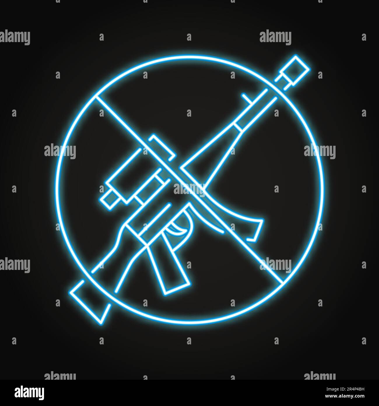 Keine Waffe, Neonliniensymbol. Waffe nicht erlaubt, Gewehr mit Verbotsschild. Vektordarstellung. Stock Vektor