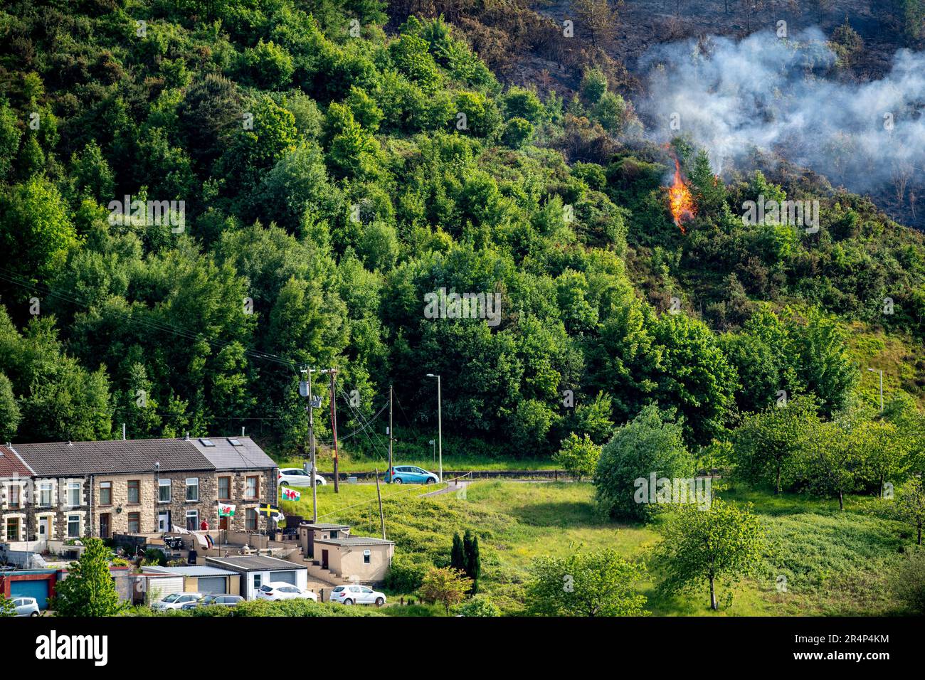Gelli, Wales, 29. Mai 2023: Fire Fighters Fight a Blaze above Gelli Industrial Estate, Rhondda Valley in South Wales. (Bild von Andrew Dowling) Kredit: Andrew Dowling/Alamy Live News Stockfoto