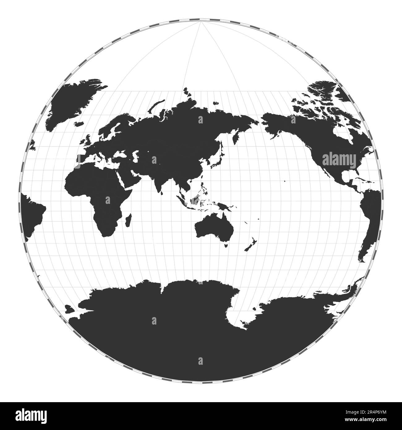 Vector-Weltkarte. Projektion van der Grinten III. Geografische Karte mit Breiten- und Längengraden. Zentriert auf 120deg W Längengrad. Vect Stock Vektor