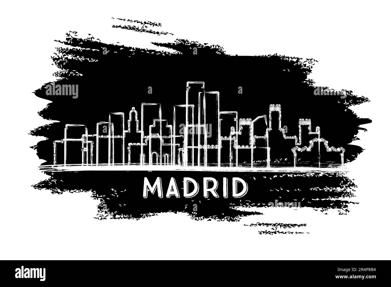 Silhouette Der Skyline Von Madrid, Spanien. Handgezeichnete Skizze. Business Travel and Tourism Concept mit moderner Architektur. Vektordarstellung. Stock Vektor