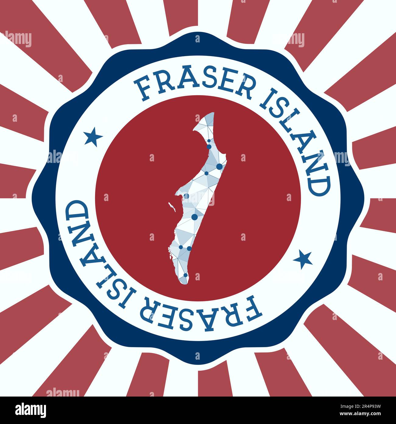 Fraser Island Abzeichen. Rundes Logo der Insel mit dreieckiger Netzkarte und radialen Strahlen. EPS10-Vektor. Stock Vektor