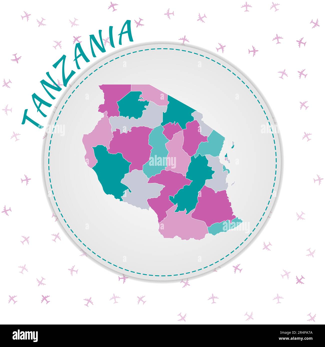 Tansania Kartendesign. Landkarte mit Regionen in Smaragd-Amethyst-Farbpalette. Stock Vektor