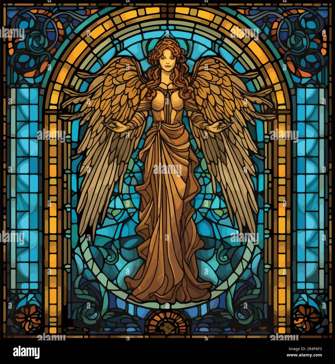 Buntglasfenster-Vektor - rechteckiges blau-goldenes Fenster mit Engel Stock Vektor