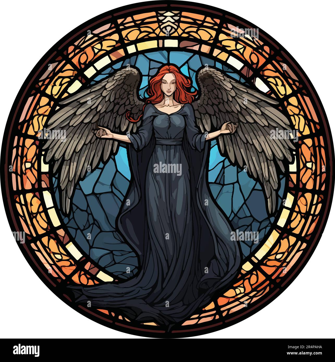 Buntglasfenster Vektor- Engel des Todes, schwarz gekleidet Stock Vektor