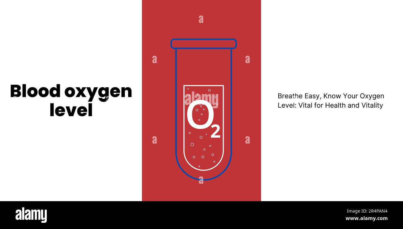 Banner für Blutsauerstoff auf weißem und rotem Hintergrund. Stilvolles Banner mit Text und Symbolen für Gesundheitswesen und Medizin Stock Vektor