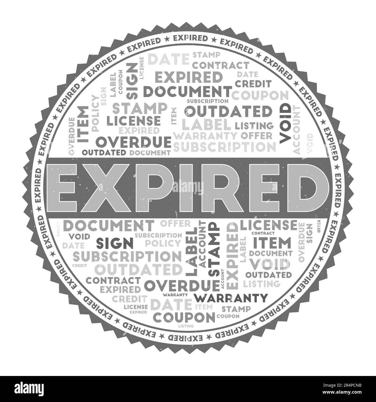 BILD für ABGELAUFENES Wort. Abgelaufenes Konzept mit Wortwolken und rundem Text. Schöne Farben und Grunge-Textur. Kühle Vektordarstellung. Stock Vektor