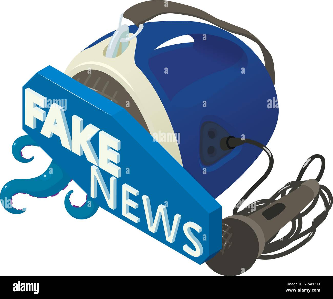 Isometrischer Vektor des Symbols für gefälschte Nachrichten. Gefälschte Nachrichten und Sprecher mit Mikrofon. Bildschirmschoner, Medien, Fernsehen Stock Vektor