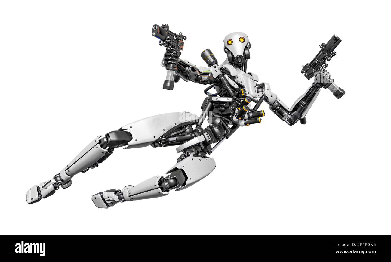 der droid-Soldat schießt in Aktion und hält eine Pistole, 3D-Abbildung Stockfoto