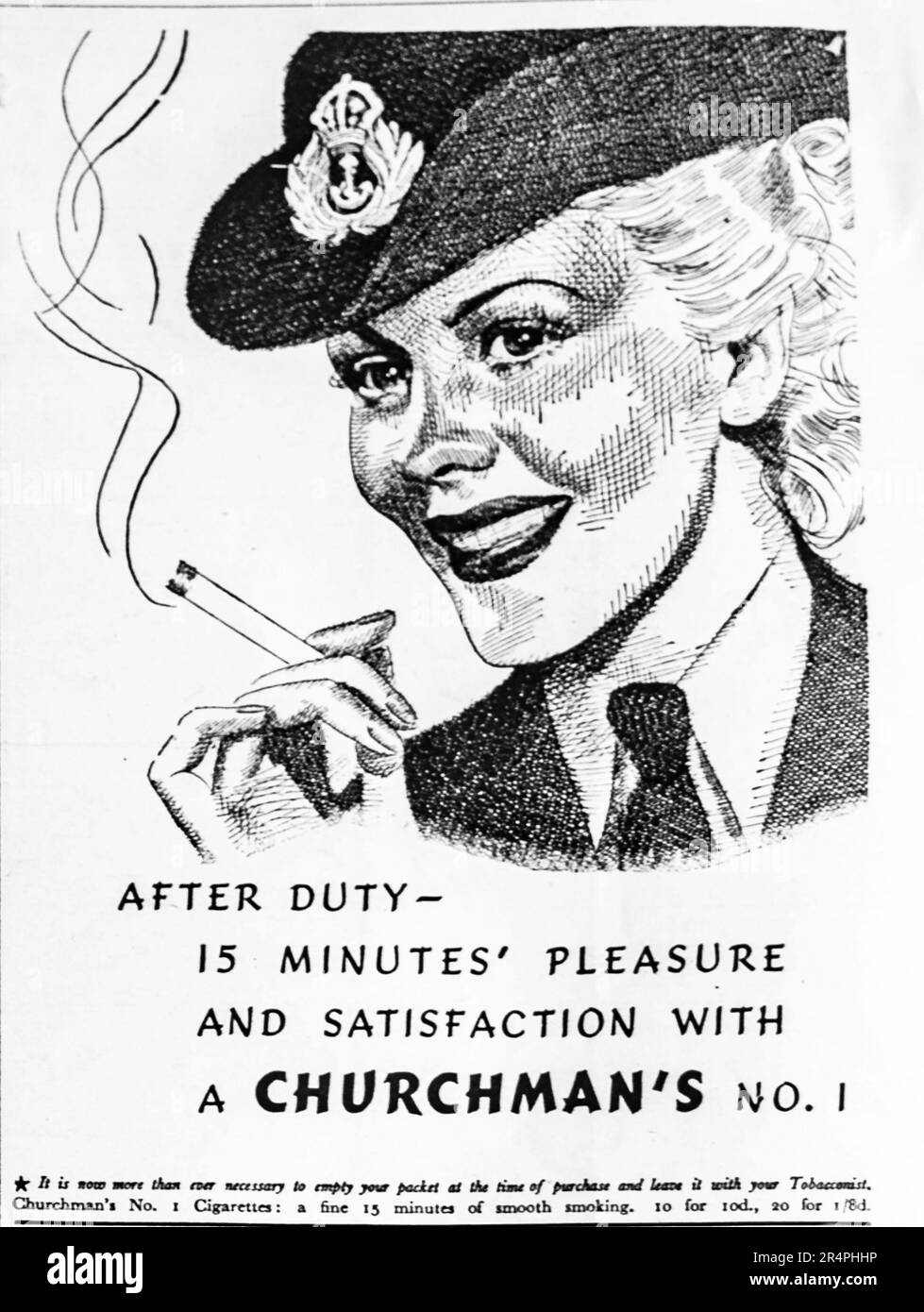 A1942 Werbung für Churchman's No 1 Zigaretten. Das in Ipswich hergestellte Unternehmen produzierte 1965 täglich eine Million Zigaretten und beschäftigte über 1000 Mitarbeiter. Das Unternehmen schloss schließlich im Jahr 1992. In diesem Werbespot zur Kriegszeit wird immer vorgeschlagen, die Verpackung beim Kauf zu leeren und beim Ladenbesitzer zu lassen, vermutlich um Engpässe in Kriegszeiten zu bewältigen. Eine frühe Form des Recyclings. Stockfoto