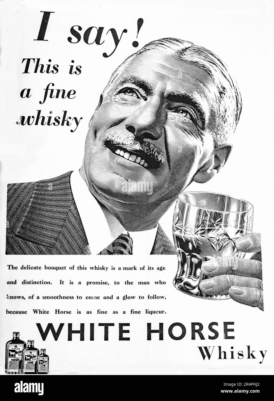 Die Marke, die 1941 für White Horse Whisky angezeigt wurde, kann ihre Geschichte bis ins Jahr 1861 zurückverfolgen und wurde in Edinburgh destilliert. Die Marke hat mehrmals den Besitzer gewechselt und befindet sich derzeit im Besitz von Diageo und befindet sich noch in der aktiven Produktion. Stockfoto