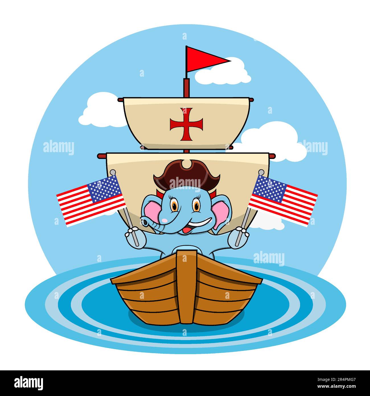 Happy Columbus Day America Mit Süßem Elefanten Und Schiff Im Meer, Cartoon, Maskottchen, Tieren, Charakter, Vektor und Illustration. Stock Vektor