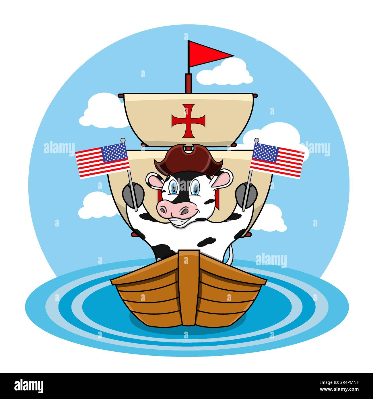Happy Columbus Day America Mit Süßer Kuh Und Schiff Im Meer, Cartoon, Maskottchen, Tieren, Charakter, Vektor und Illustration. Stock Vektor