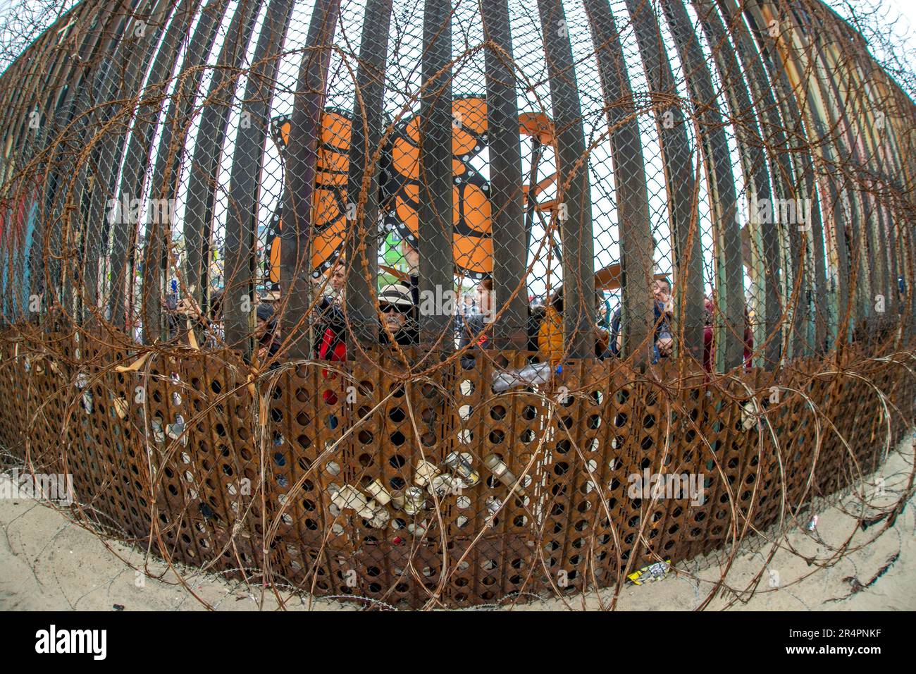 Mexikaner in Tijuana schauen durch die US/Mexiko-Grenzmauer im Border Field Park in der Nähe von San Diego. Der Monarch-Schmetterling repräsentiert die würde und die Residenz Stockfoto