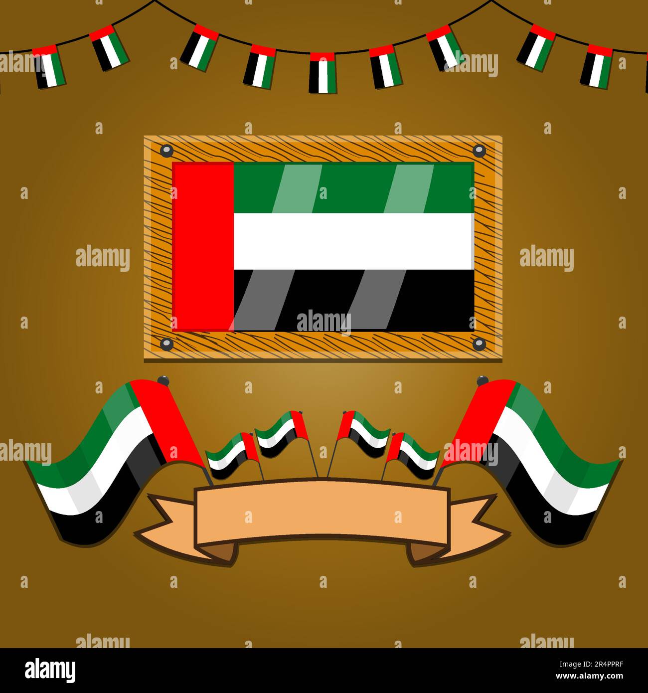 Flaggen der Vereinigten Arabischen Emirate auf Rahmenholz, Etikett, einfacher Verlauf und Vektorabbildung Stock Vektor