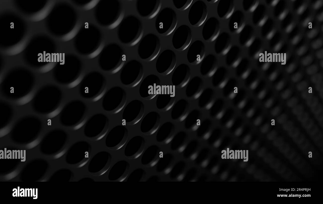 Abstrakter schwarzer Hintergrund. Metallgitter. Punkte. Kreis. 3D Abbildung. Stockfoto