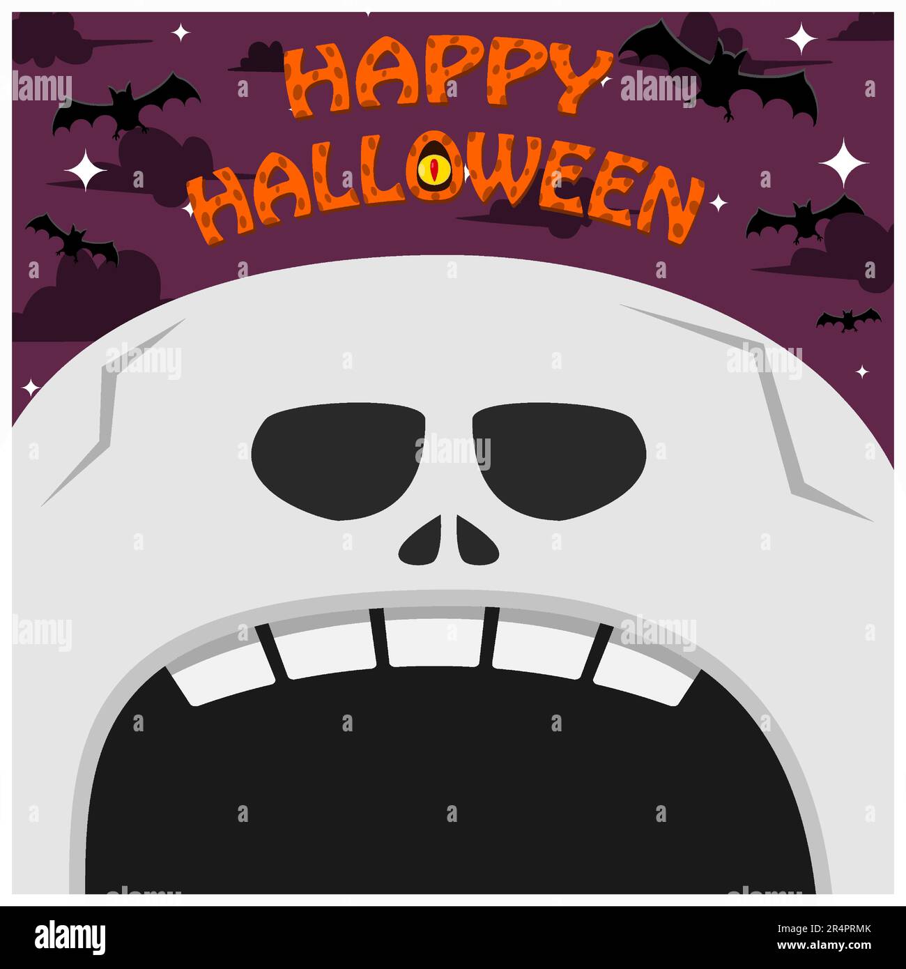 Halloween-Charakterdesign. Mit Gerüstzeichen. Großes Gesicht und offener Mund. Auf Dem Friedhof. Vektor Und Illustration Stock Vektor