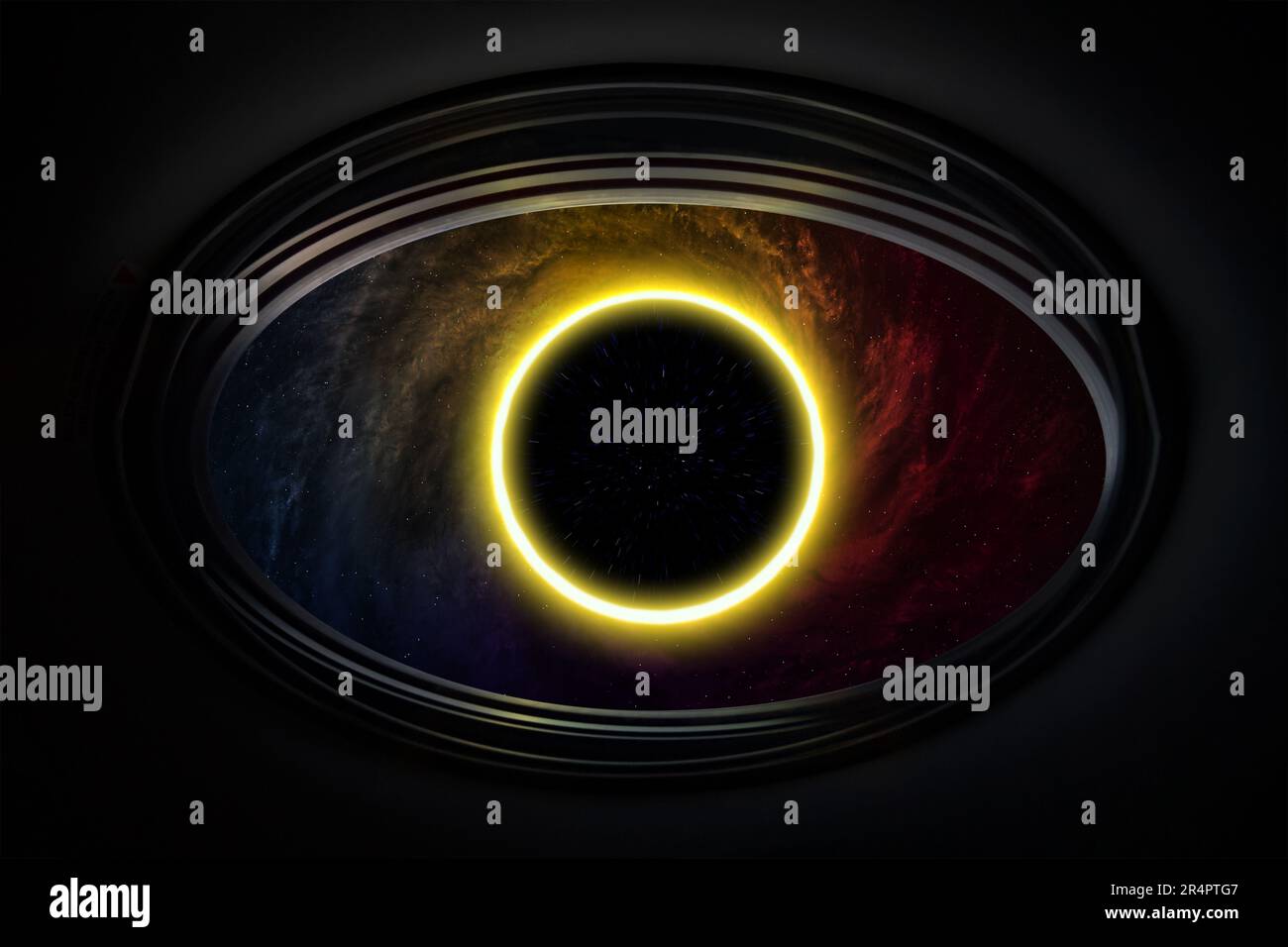 Raumschiff nahe der Spiralgalaxie und schwarzes Loch, Blick vom Bullauge. Warpsprung, Wurmloch-Konzept. Science-Fiction-Kunst. Von der NASA bereitgestellte Elemente. Stockfoto