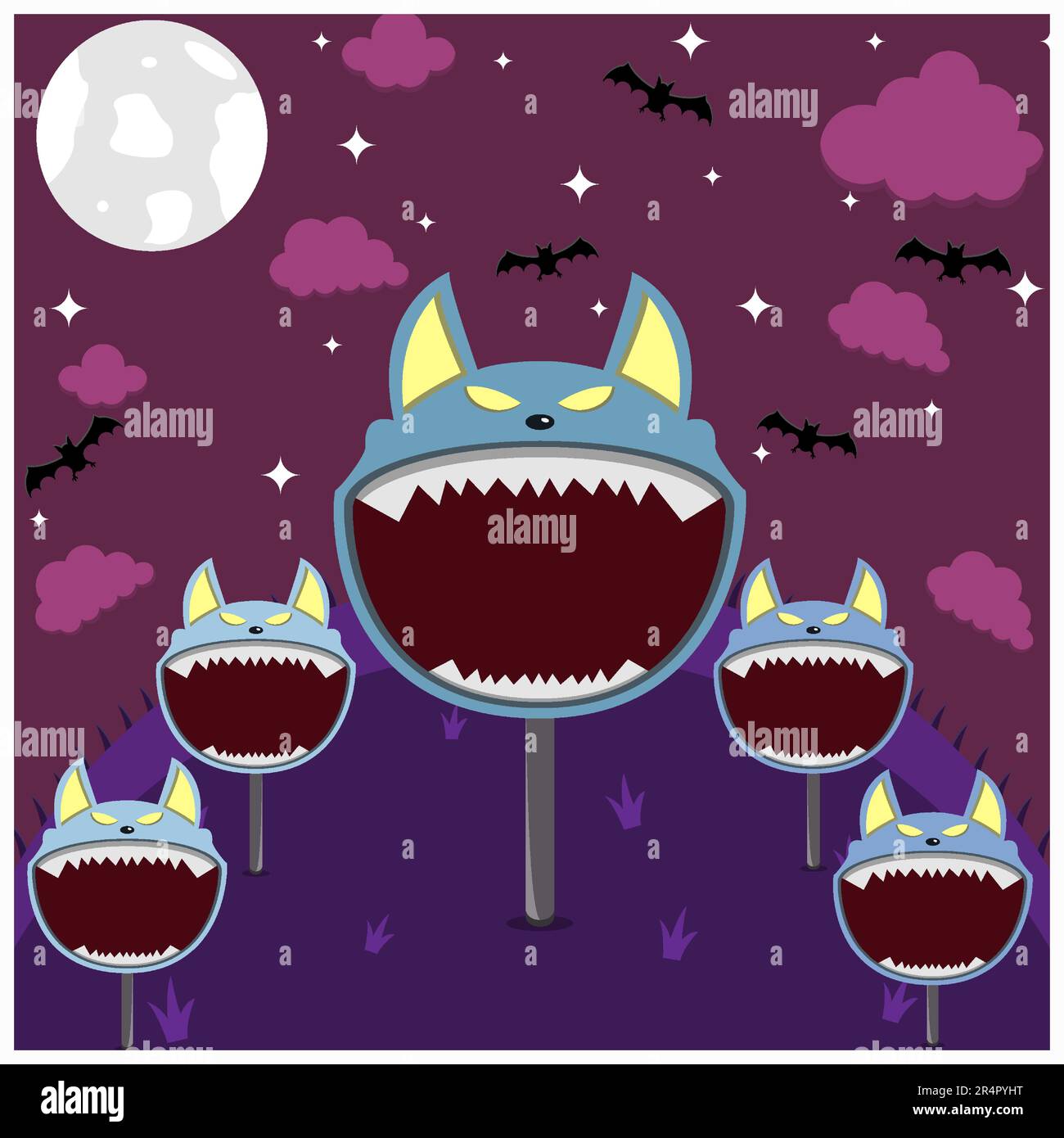 Halloween-Design Mit Charakterkopf. Wolf Character im Feld und in der Nacht. Vektor Und Illustration Stock Vektor