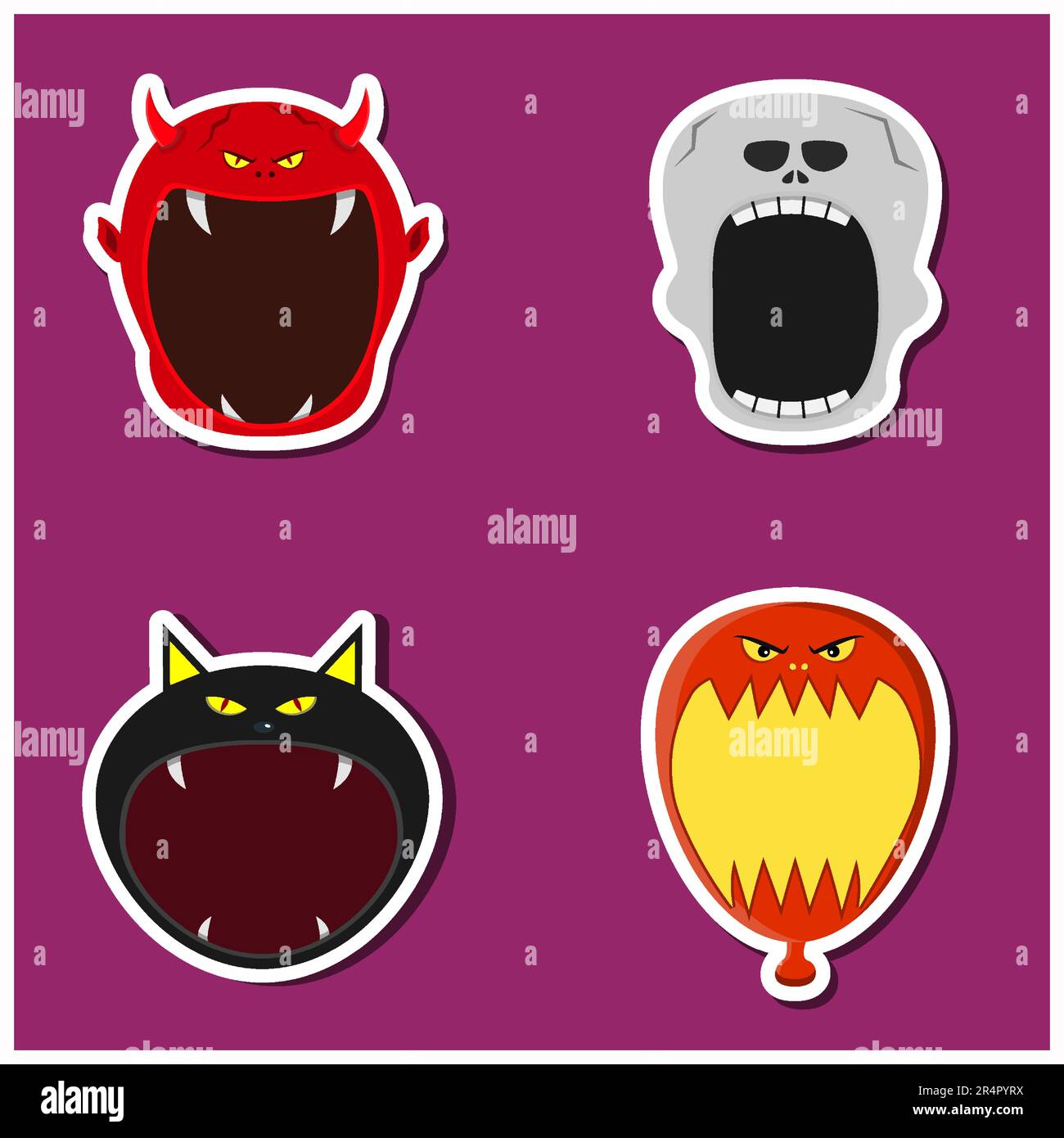 Halloween Head Set Design Sticker. Teufel, Skelett, Schwarze Katze und Ballonkopf. Vektor Und Illustration Stock Vektor