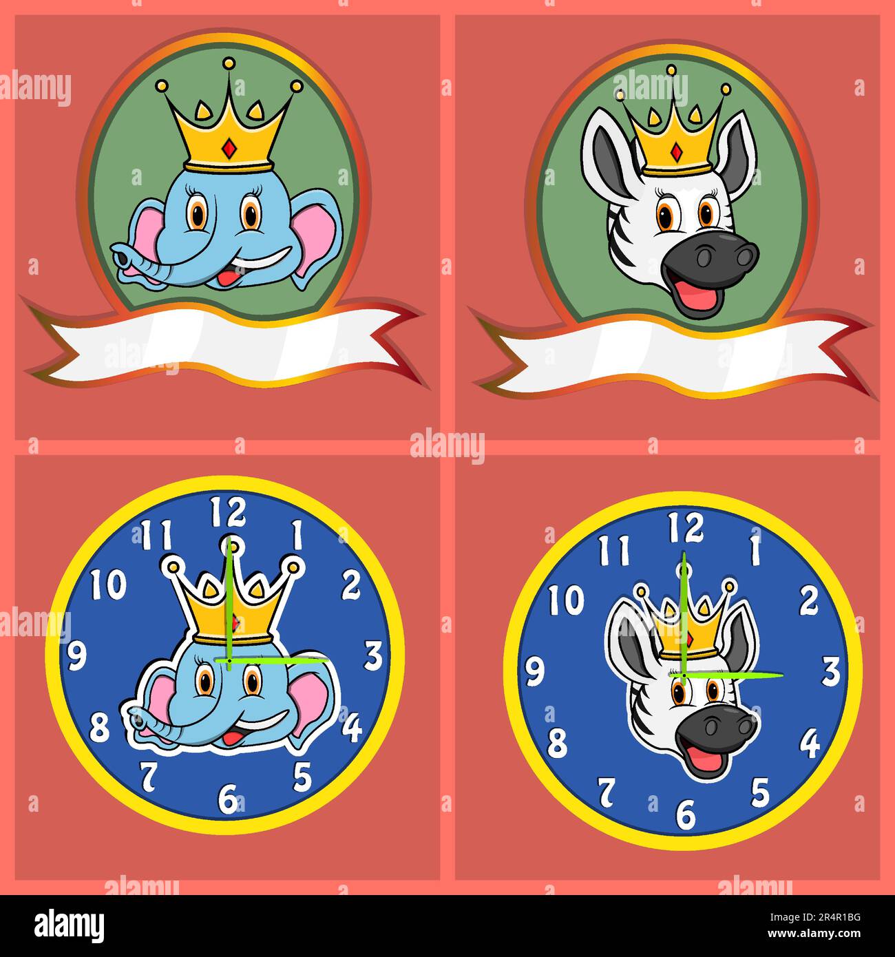 Niedliche Elefantenköpfe und Zebra für Logo, Abzeichen, Emblem und Uhr. Vektor Und Illustration Stock Vektor