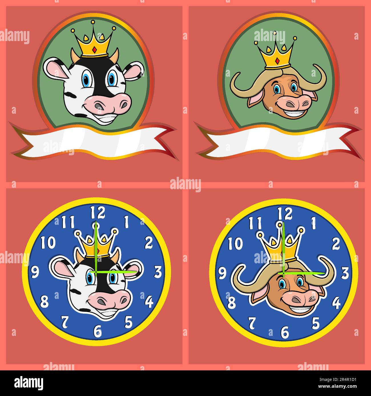 Niedliche Kuhköpfe und Büffel für Logo, Abzeichen, Emblem und Uhr. Vektor Und Illustration Stock Vektor