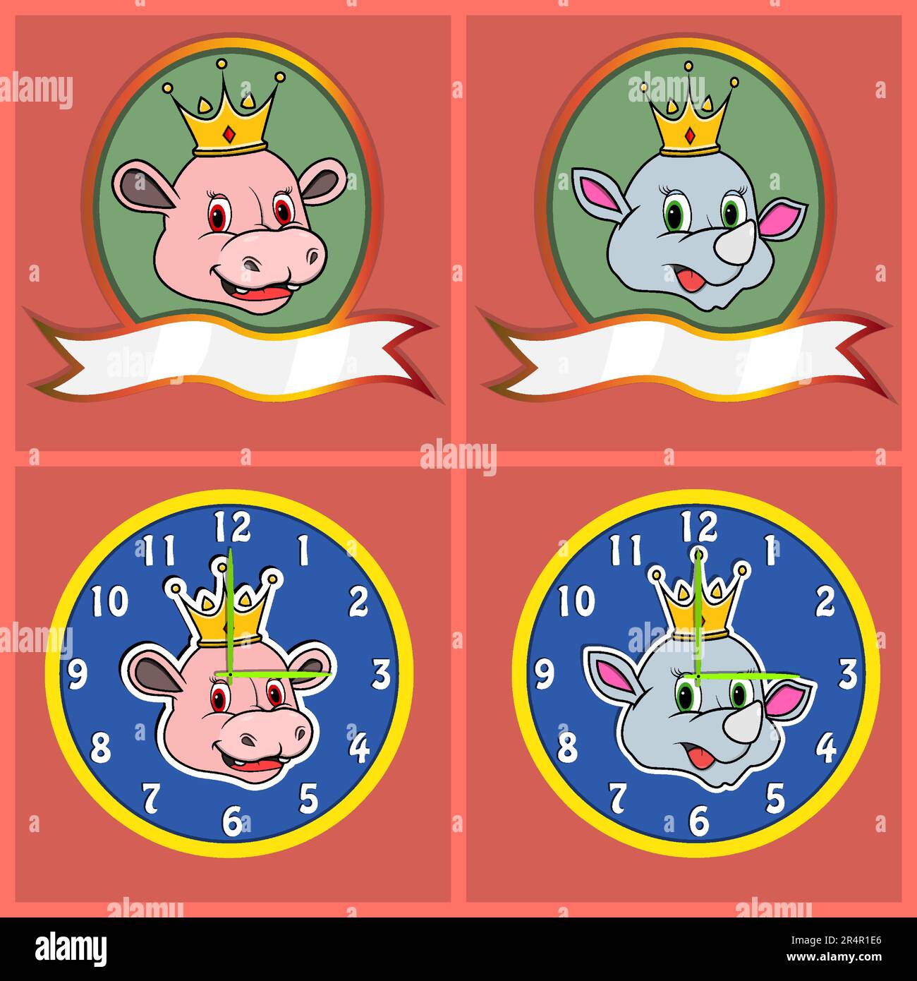 Niedliche Nilpferde und Nashörner für Logo, Abzeichen, Emblem und Uhr. Vektor Und Illustration Stock Vektor