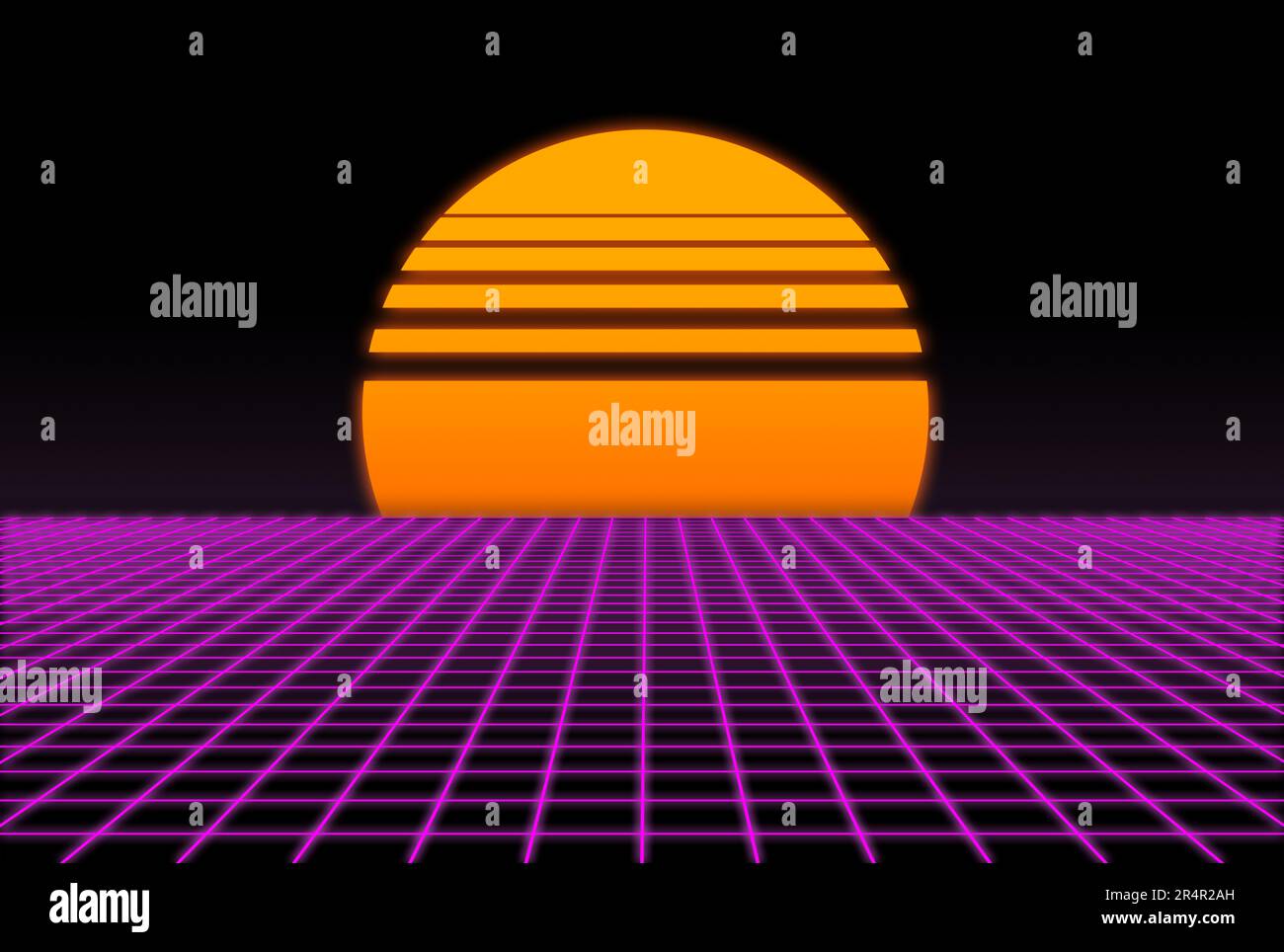 3D Raster aus den 80s mit Sonnenuntergang Stockfoto