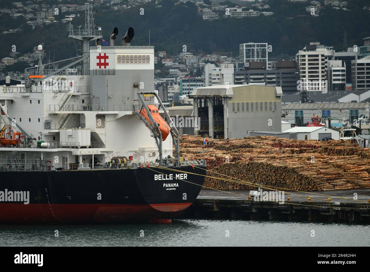 WELLINGTON, NEUSEELAND, 19. MAI 2023: Fracht für das panamaische Massengutschiff Belle Mer wird im Hafen von Wellington verladen Stockfoto