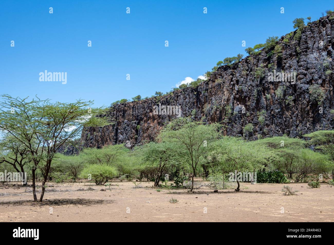 Präkambrianische metamorphe Felsen, die entlang des ostafrikanischen Rift Valley freigelegt wurden. Kenia, Afrika. Stockfoto