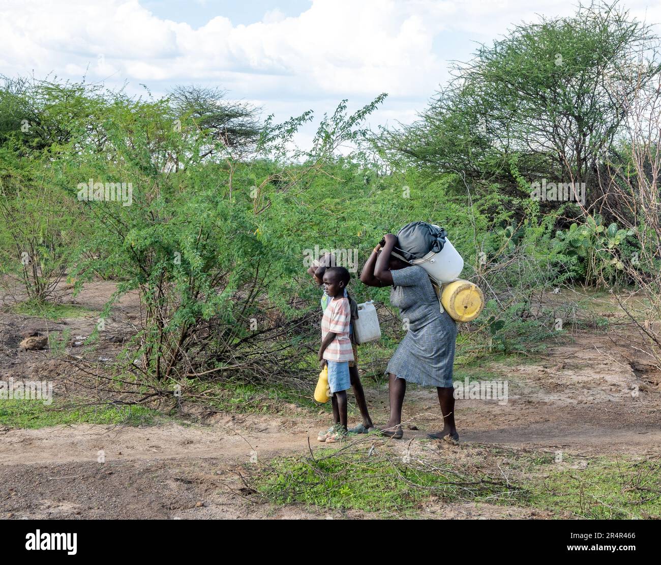 Eine Frau und ihre zwei Kinder, die Wasserkannen durch Büsche trugen. Kenia, Afrika. Stockfoto