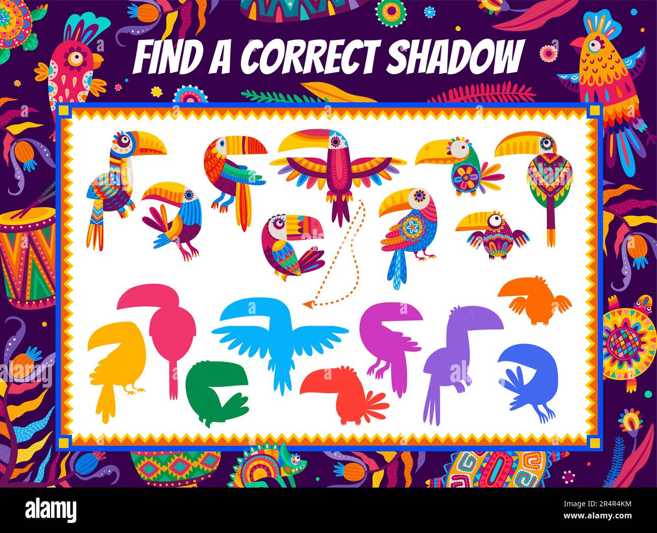 Finde einen richtigen Schatten von mexikanischen und brasilianischen Tukanen. Arbeitsblatt für Spiele zur Mindentwicklung für Kinder, passendes Quiz mit tropischen Vögeln im Alebrije-Stil. Logikarbeit für Kinder, Vorschulerziehungsaufgabe Stock Vektor