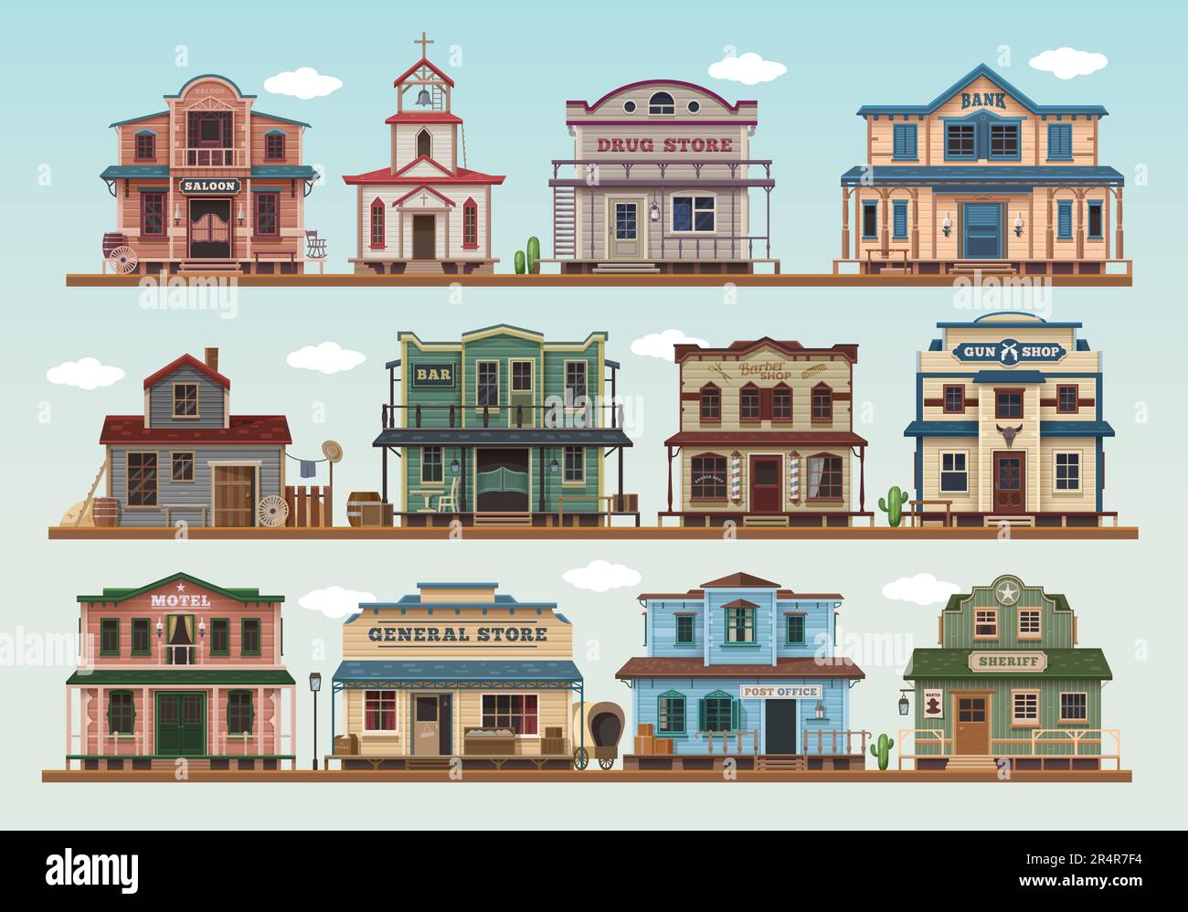 Die Western Wild West Town Cartoon-Gebäude. Vector Saloon, Kirche, Apotheke und Bank, Bar, Friseur und Waffengeschäft. Motel, Gemischtwarenladen, Sheriff und Post mit traditioneller Architektur Stock Vektor