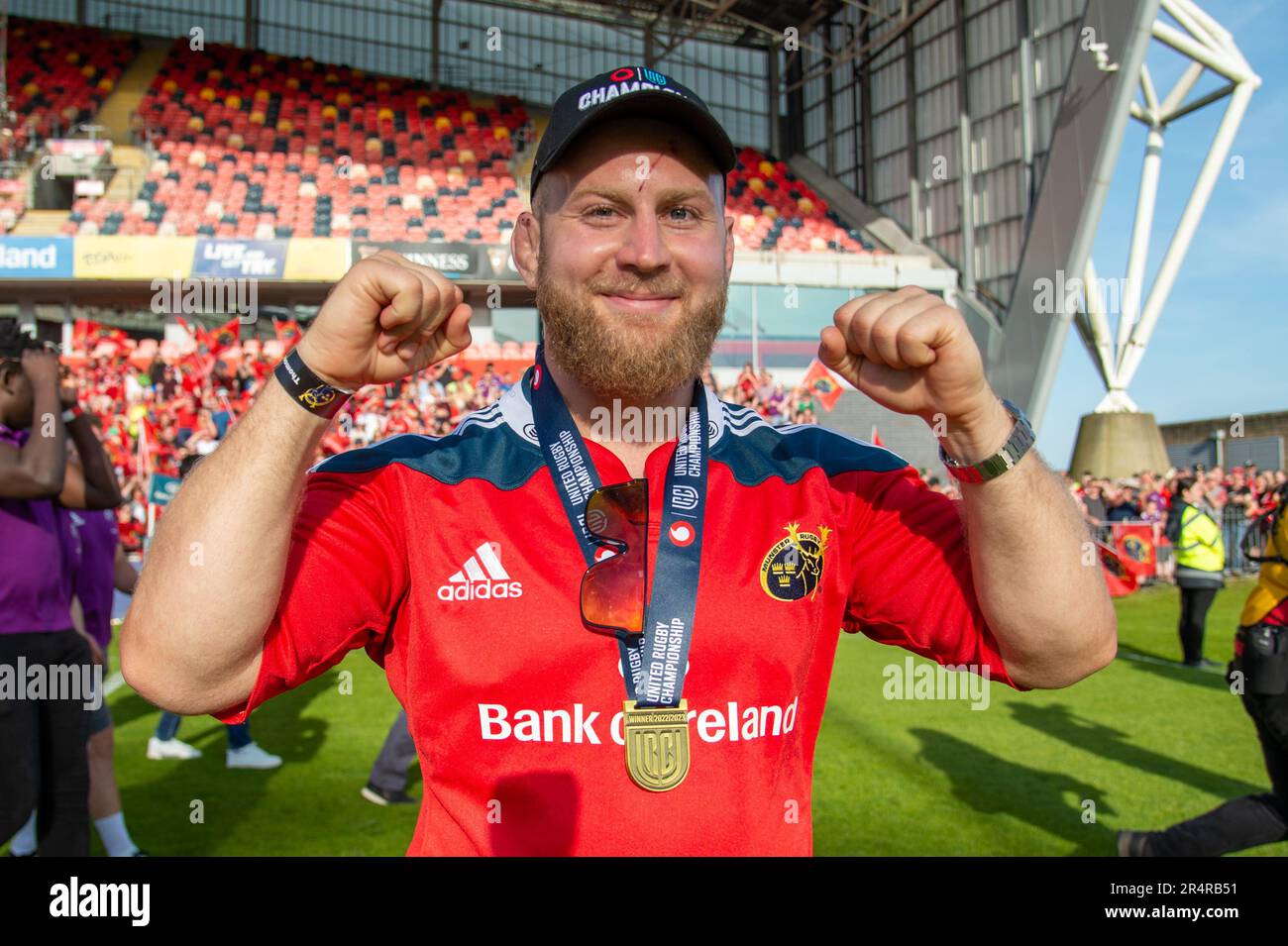 Limerick, Irland. 29. Mai 2023. Jeremy Loughman feiert am 29. Mai 2023 während des Munster Rugby Homecoming im Thomond Park Stadium in Limerick, Irland (Foto: Andrew SURMA/Credit: SIPA USA/Alamy Live News Stockfoto
