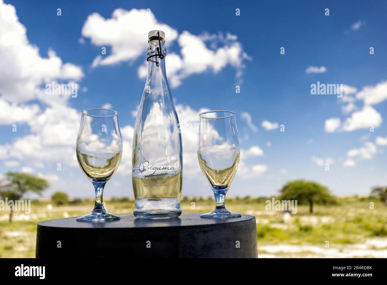 Nahaufnahme von Onguma Flasche und Gläsern mit Fisher's Pan im Hintergrund – Onguma The Fort, Onguma Game Reserve, Namibia, Afrika Stockfoto