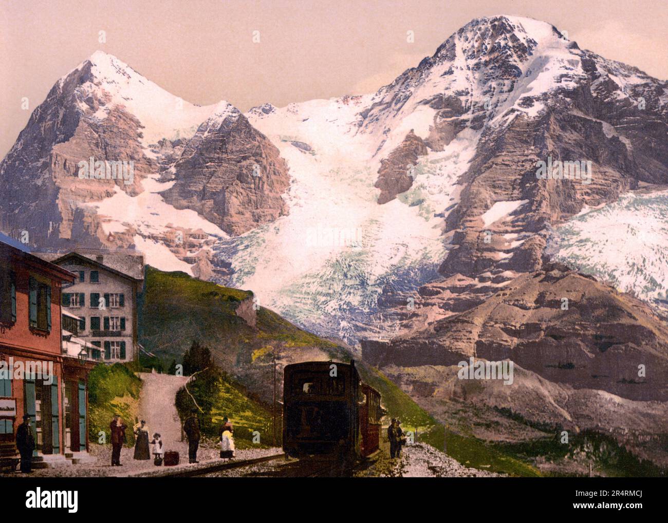 Wengernalp Bahnhof, Mönch und Eiger, Wengen, Berner Alpen, Bern, Schweiz 1890. Stockfoto