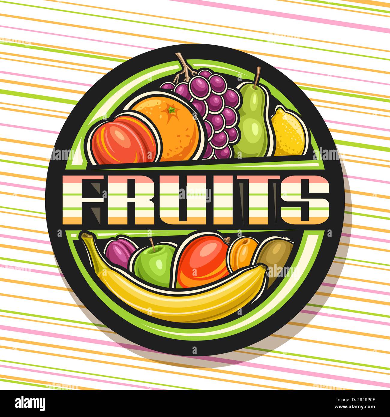 Vektorlogo für Früchte, schwarzes dekoratives Schild mit Darstellung von süßem Pfirsich, ganzer Bananenfrucht, blauem Traubenbündel und einzigartigem Schriftzug Stock Vektor