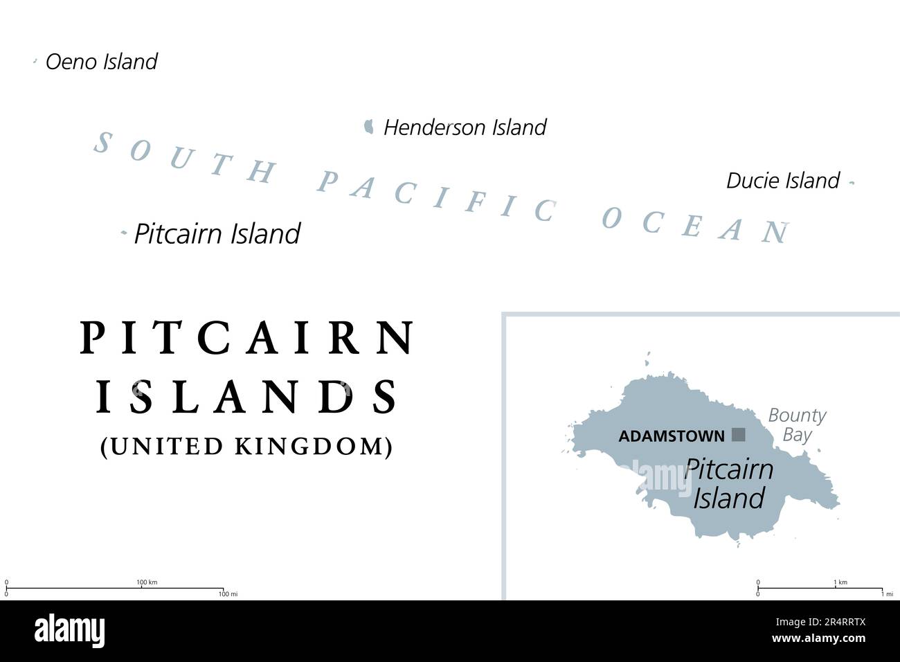 Pitcairninseln, Britisches Überseegebiet, graue politische Karte. Pitcairn, Henderson, Ducie und Oeno. Gruppe vulkanischer Inseln im Südpazifik. Stockfoto