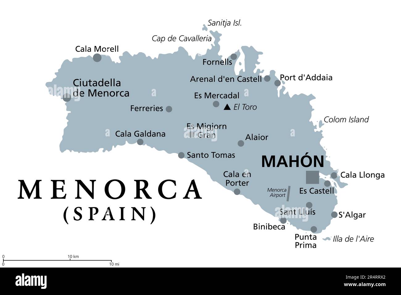 Menorca, oder Minorca, graue politische Karte, mit der Hauptstadt Mahon oder Port Mahon, offizieller Mao. Insel der autonomen Gemeinschaft Balearen. Stockfoto