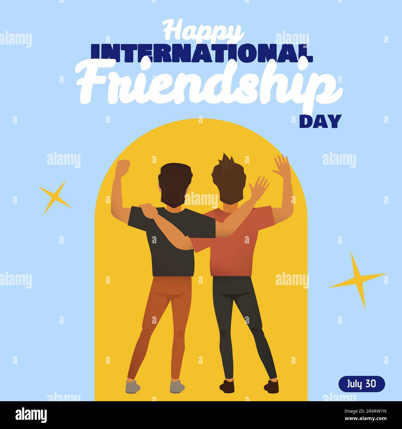 Zusammensetzung des Textes zum internationalen Freundschaftstag über männliche Freunde, die sich umarmen Stockfoto