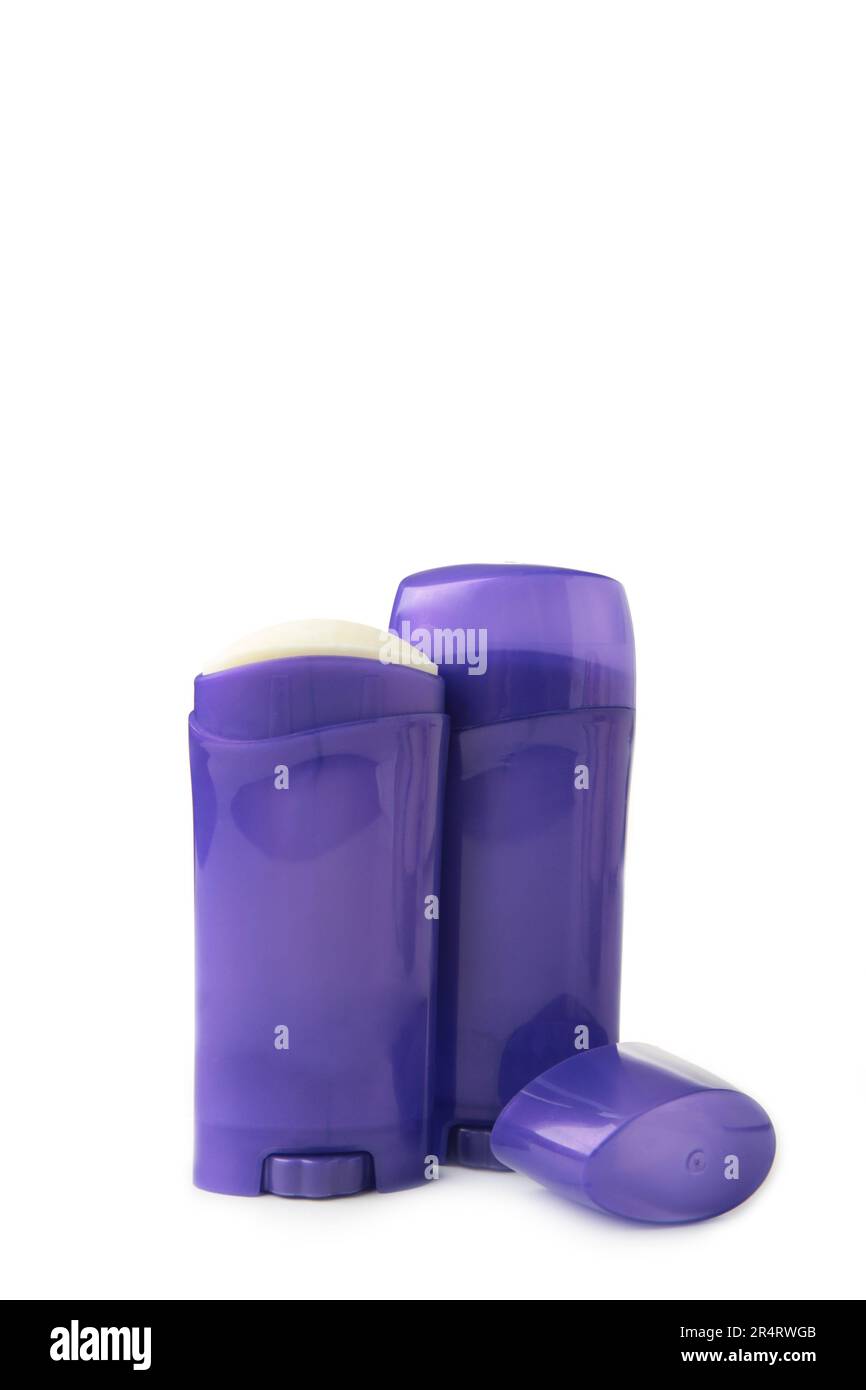 Violette Flasche mit korporatischem Antitranspirant Deodorant Roll-on isoliert auf weißem Hintergrund. Draufsicht Stockfoto