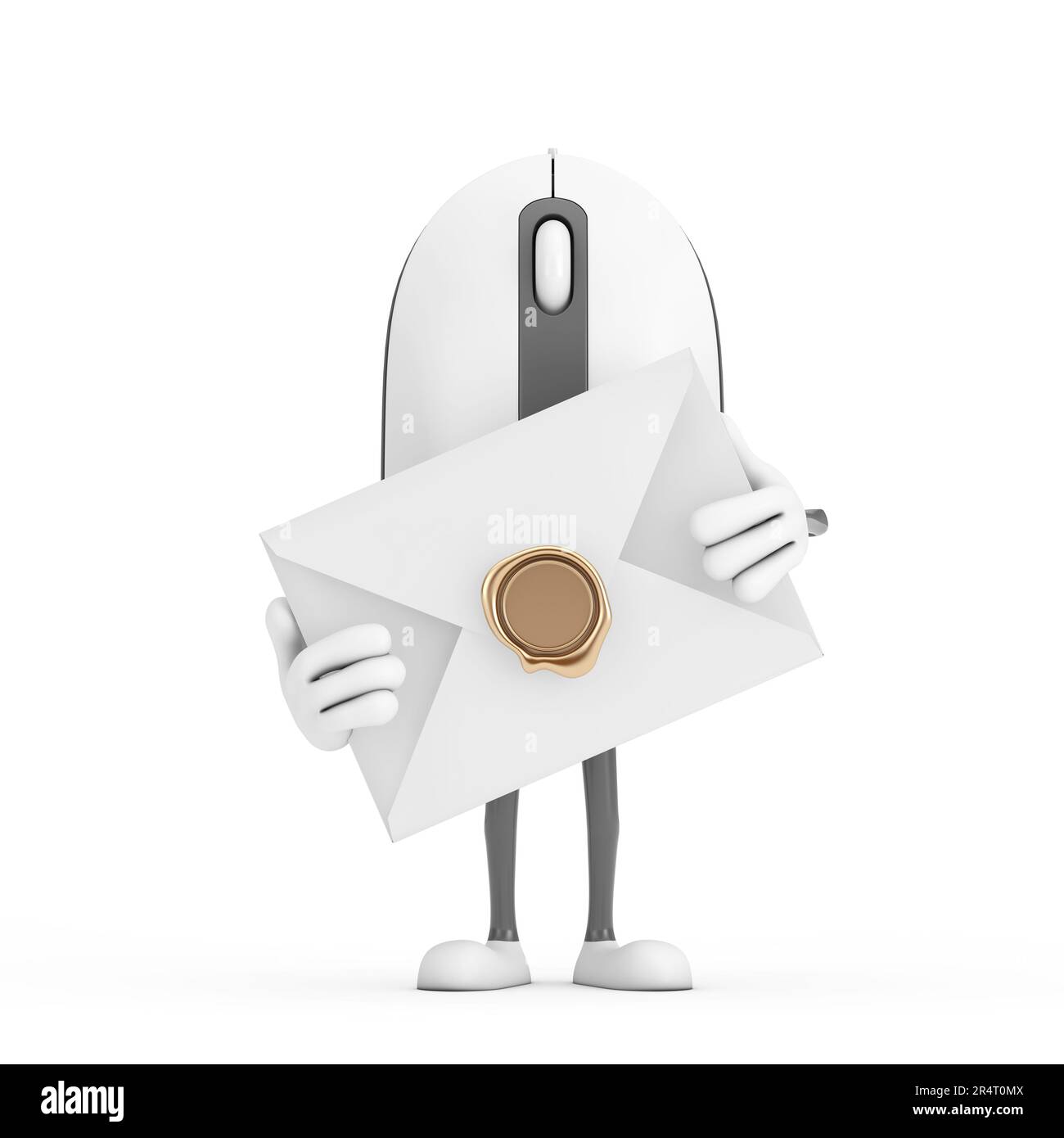 Maskottchen für Figuren aus dem Cartoon mit weißem Umschlag auf weißem Hintergrund. 3D-Rendering Stockfoto