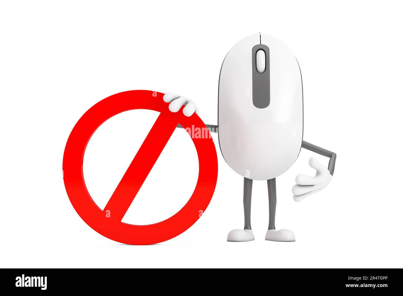 Maskottchen für die Figur der Computermaus mit rotem Verbotsschild oder Verbotsschild auf weißem Hintergrund. 3D-Rendering Stockfoto