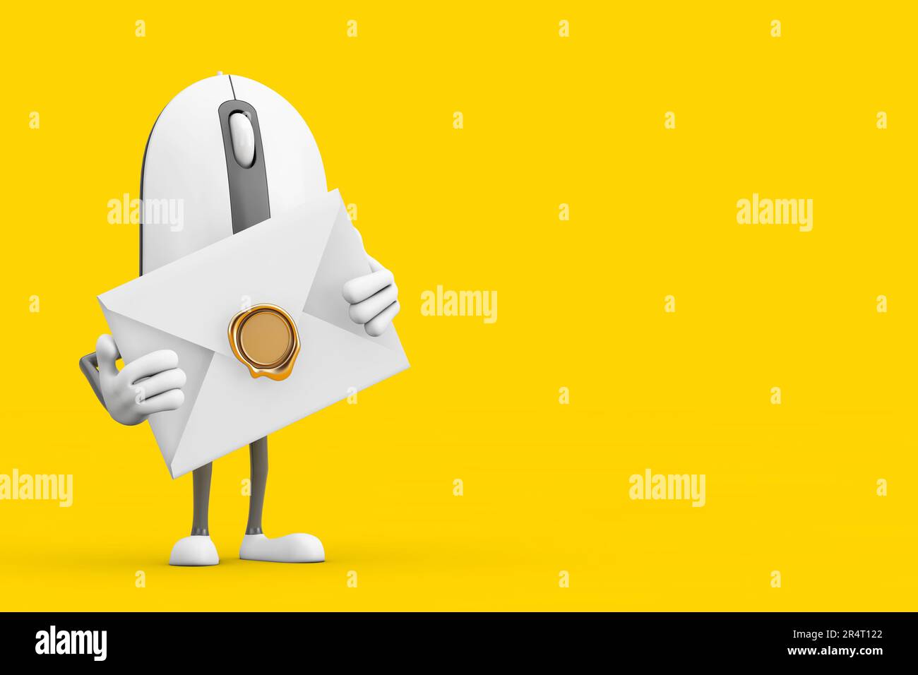 Maskottchen für Figuren aus dem Cartoon mit weißem, leerem Umschlag auf gelbem Hintergrund. 3D-Rendering Stockfoto