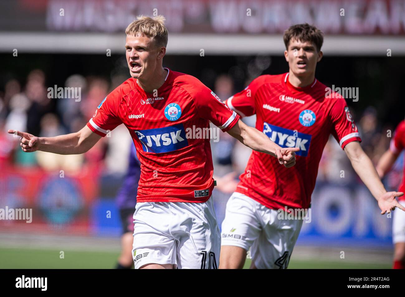 Silkeborg, Dänemark. 29. Mai 2023. Soren Tengstedt (10) von Silkeborg IF gleicht 2-2 beim 3F. Superliga-Spiel zwischen Silkeborg IF und FC Midtjylland im Jysk Park in Silkeborg aus. (Foto: Gonzales Photo/Alamy Live News Stockfoto